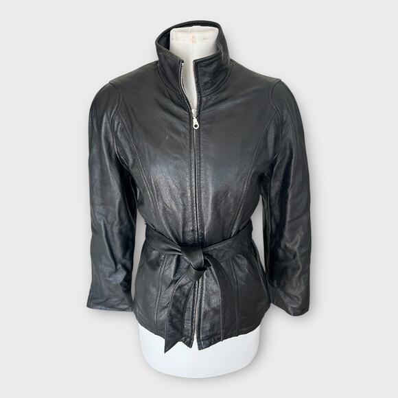 Vintage Wilsons Belted Leather Jacket Black Tie Waist Women's size Medium Edgy - Picture 1 of 14